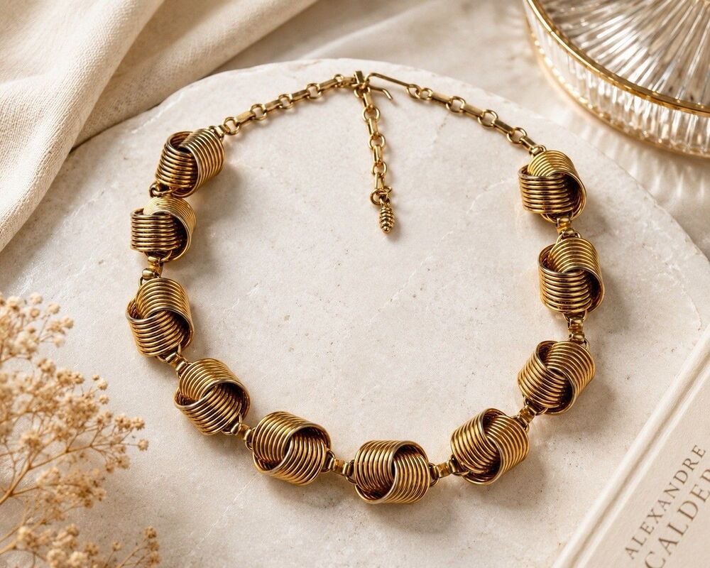 Vintage Gold Tone 1970s  Spiral Link Necklace Modernist Brutalist  Choker 17"